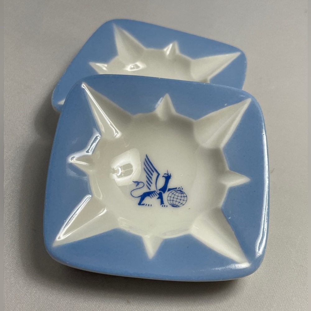 Pair Vintage TAI Airlines Paris France Promotional Advertising Porcelain Ashtray